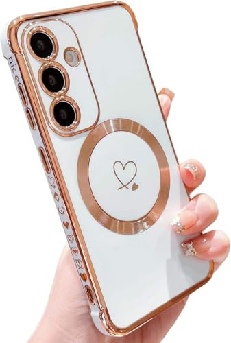 Cute Love Heart Magnetic Case for Samsung Galaxy S25 FE 5G Glossy Gold Plated Skin-friendly Design for Girls Women Bling Shiny Shockproof Soft TPU Camera Protective Cute Cover for Galaxy S25 FE White