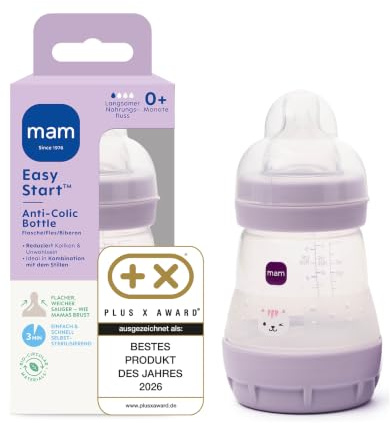 MAM Easy Start Anti-Colic Babyflasche 160 ml, 0+ Monate, Gr. 1, Katze | Selbst-sterilisierend in der Mikrowelle in 3 Min, Anti-Kolik-Bodenventil, brustähnlicher SkinSoft Sauger, ab Geburt