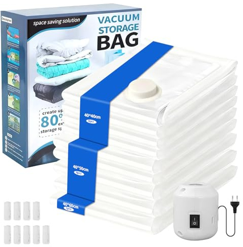 Sac de Rangement Sous Vide avec Pompe Electrique, Pmueuff 9 Pièces Sac Sous Vide Vetement Aspirateur Sac Rangement Sous Vide Aspirateur Réutilisables pour Literie, Vêtements, Couettes, Oreillers