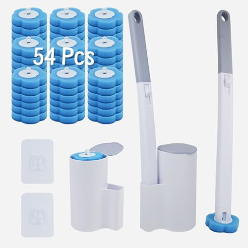 lompyeu Escobillas de Baño Desechable, con 54 Rellenos de Detergente & 2 escobilla WC Mango Largo Montado En La Pared, Accesorios Baño para Piscina Fregona Lavabo
