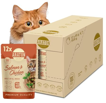 ARATON Katzen-Nassfutter, Lachs & Huhn, 93% tierisches Protein, 12 x 85 g | Unterstützt Haut und Fell, Fleischstückchen in Sauce, mit Kräutern, Taurin & Vitamine, erwachsene Wohnungskatzen, 12 Beutel
