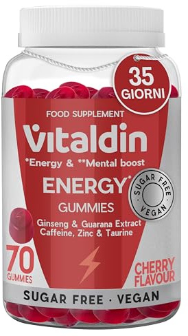 VITALDIN Energy Gummies - Gummies Energétiques Végétaliennes et Sans Sucre - Avec Ginseng, Guarana, Caféine, Taurine et Vitamines B - Améliore la Concentration et Réduit la Fatigue - Goût Cerise - 70