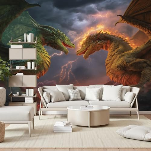 Gaqinhh Animal Fantastique Foudre et Magma Papier Peint Panoramique, Gelb Grün Drachen Papier Peint Intissé, Tapisserie Murale Cuisine Salle de Bain, Décoration Murale Chambre, 150 x 105 cm