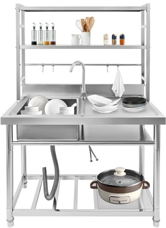 Freistehende Edelstahl Spültisch, Gewerbliche Küchenspüle Set, Großes Küchenspüle, Gastrospüle Spülbecken, Innen und Außenspüle, Linke Becken mit Abtropffläche, Haken und Wasserhahn 100x50x160cm