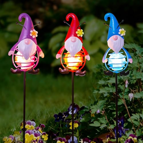 Qipade Gnome Solar Garden Lights, 22.4 H Waterproof Decorative Solar Stake Light, 3 Pcs Outdoor Statues Figurine Lights for Spring Garden Lawn Patio Yard Decoration