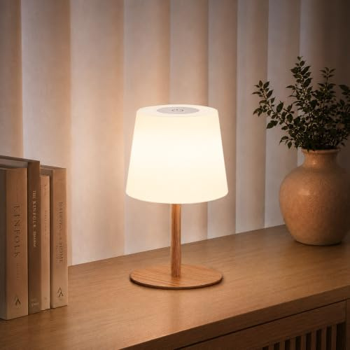 EZVALO Kabellose Tischlampe LED, IP65, 4500mAh USB-C, Touch-Dimmbar mit 3 Farbtemperaturen, Perfekte Nachttischlampe, Campinglampe & Tischleuchte für Outdoor und Innen (Holzfarben, 1 Stück)