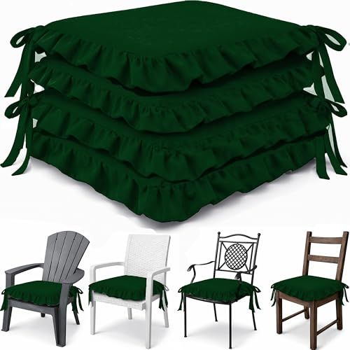 HAND Set 4 Cuscini per Sedie con Lacci Antiscivolo, Sfoderabili, Imbottitura Inclusa, Dimensioni con bordi 45x45 cm, Adatto per Cucina, Interni ed Esterno (Verde Scuro)