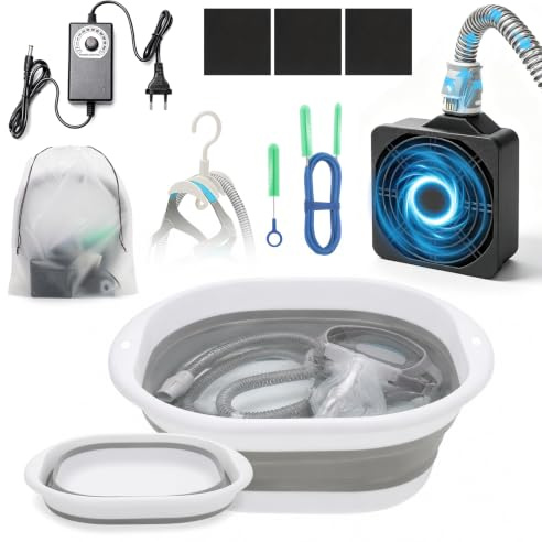 9-delat CPAP-rengöringsset – slangtork med 10 hastighetsinställningar, vikbar 8,3 l tvättskål, 2,1 m slangborste, maskborste och dubbelhållare – kompatibel med 15 mm och 22 mm slangar
