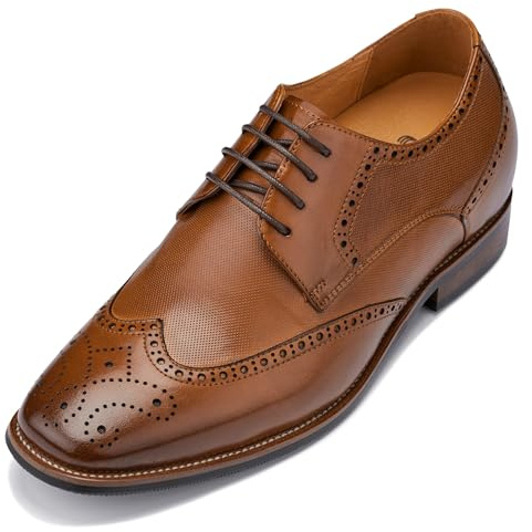 CALTO Men's Invisible Height Increasing Elevator Shoes - Brown Premium Leather Wing-tip Lace-up Formal Oxfords - 3 Inches Taller - Y10652 - Size 9 D(M) US