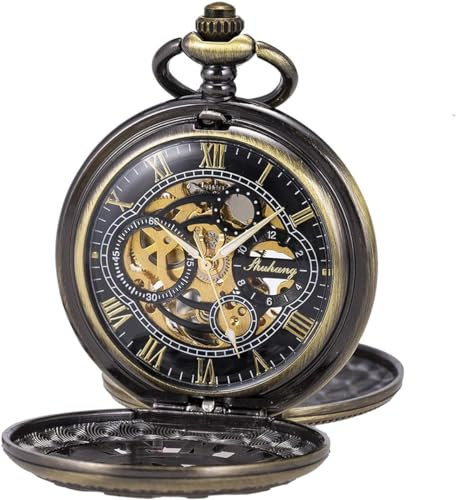 SIBOSUN Double Hunter Mechanical Pocket Watch with Chain Roman Numeral Manual Winding Antique Gift Box for Men Bronze