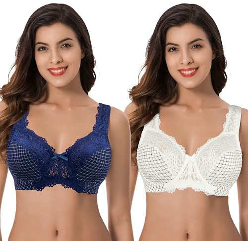 Curve Muse Damen Minimizer Ungefütterter Bügel-BH mit Spitzenstickerei - 2er Pack-Buttermilchdruck, Blau Drucken-75E