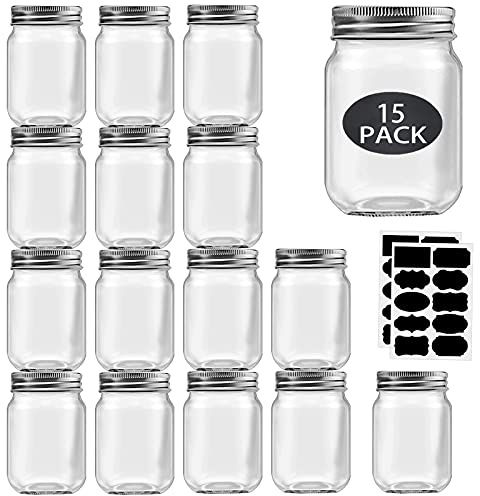 Rainforce 16oz Mason Jars With Lids Regular Mouth, 15 Pack - Glass Jars with Silver Lids, Bulk Pint Clear Glass Jars For Meal Prep, Food Storage