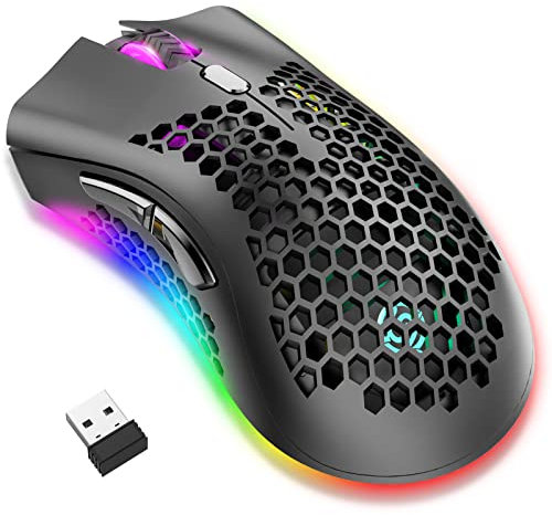 Kabellose Gaming Maus, Computermaus mit Wabenschale, 7 programmierte Tasten, 3 einstellbare DPI, USB-Empfänger, tragbare, ergonomische optische RGB- für Laptop PC/Mac, schwarz (Black)