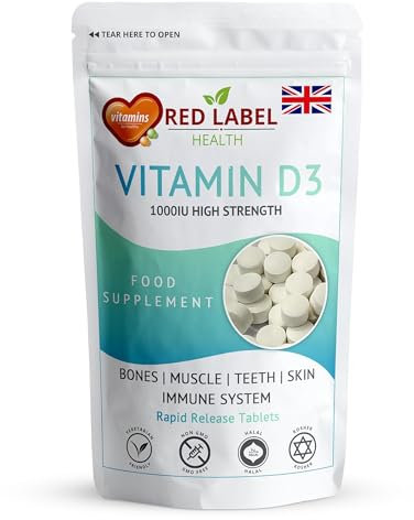 Red Label Health Vitamin D3 1000 IU, Pack of 360 Vitamin D Tablets (1 Year Supply), Healthy Teeth & Bones, Supports Immune System, High Strength Vitamin D Supplement for Men & Women, UK-Made