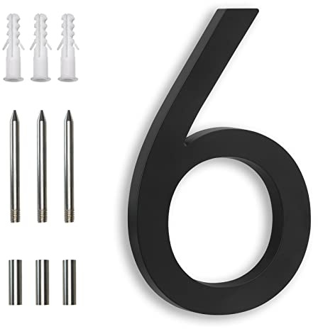 7 Inch Black House Number 6 for Outside, Modern Floating Aluminum Address Number, Weatherproof Metal Numbers for House, Large, Easy to Install, Contemporary Outdoor Home Sign