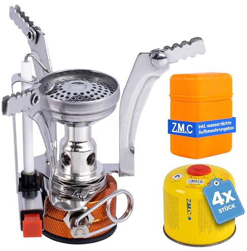 Z.M.C Klappbarer Campingkocher 3200W + 4x Gaskartuschen 300g, Mini Gaskocher Set für Outdoor Aktivitäten, Campinggaskocher faltbar mit Piezozündung
