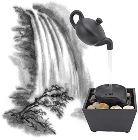 Ornamento Galleggiante per Fontana D'acqua con Teiera - Creativo e Artistico, Decorazione a Cascata in Stile Cultura del tè Cinese con Luci a LED, Pietre per Scrivania da tè,