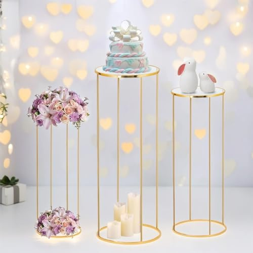 Kapaga 3pcs Gold Metal Plant Stand, Cylinder Pedestal Stands for Party, Metal Plant Columns Pedestal Stands for Display, Round Cylinder Columns tables for Weddings Cake Stand Floor Plant Tables