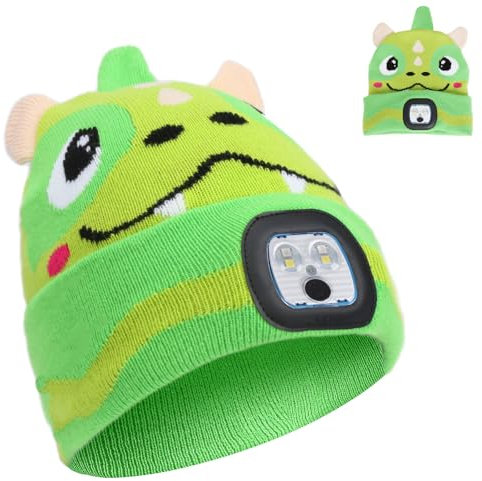 APODESS Dino Mütze mit Led Licht Kinder Leuchtmütze Led Mütze Kinder Wintermütze mit USB 4 LED Lampe Wiederaufladbare Stirnlampe Strickmütze Dinosaurs Geschenke für Jungen Weihnachten Geburtstag