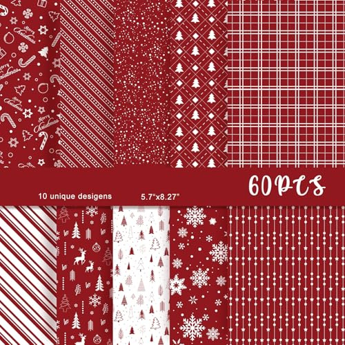 MIAHART 60-teiliges Weihnachtsmusterpapier-Set „Frohe Weihnachten“, 10 Designs, Festival-Bastelpapier für die Kartengestaltung, Scrapbook (Rot & Weiß, A5)