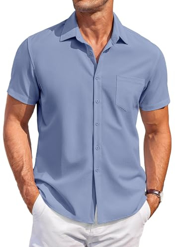 COOFANDY Herrskjorta, kortärmad fritidsskjorta, affärsskjorta, sommarskjorta, ledig normal passform, skjorta, strandskjorta, kortärmad skjorta, skjorta med bröstficka, Marinblå, XL