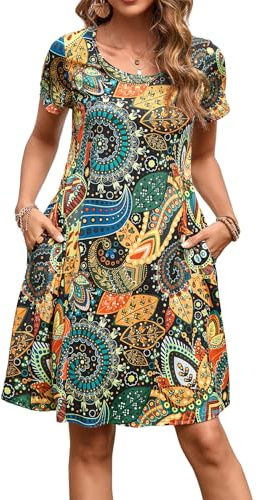 Enmain Abito Estivo Donna a Maniche Corte T-Shirt Vestiti con Tasche Casual Boho Lunghezza al Ginocchio Abito Donna, NeroMarrone, XL