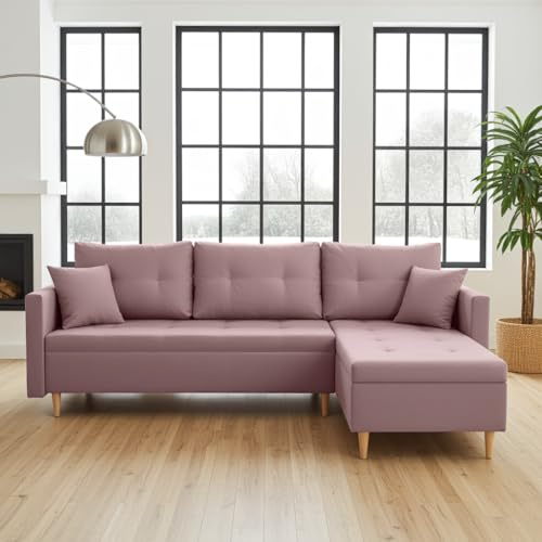 DMSM Skandinavisches Klappbares Ecksofa Mit Schlaffunktion Scandik Pik 2X Staufach rosa