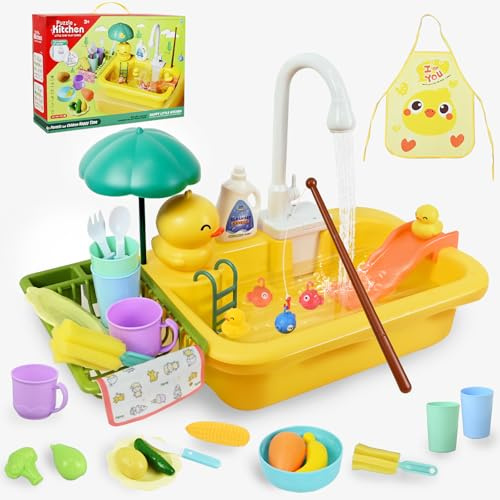 Ulikey Spielspüle Kinder, Küchenspüle Spielzeug Set mit Wasserkreislauf, 2-in-1 Elektrischem Wasserhahn, Schwimmendes Angelspielzeug, Schürze, Spielzeug Zubehör Küche Rollenspiel für Kinder 3+ (Gelb)