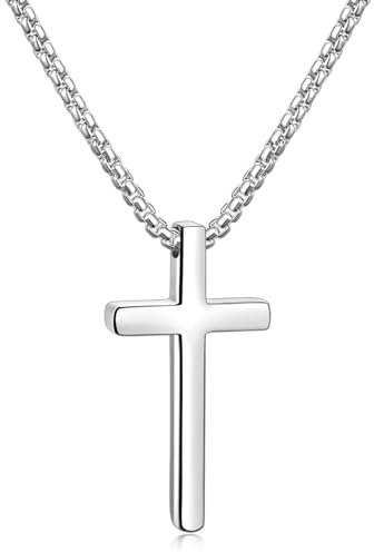 Hshenjhu Korskedja, kors halsband smycken rostfritt stål för män kvinnor, hänge ljusäkta svettbeständig med 60 cm kedja, dopkedja för kristendom gåva nattvardsgång konfirmation, silver