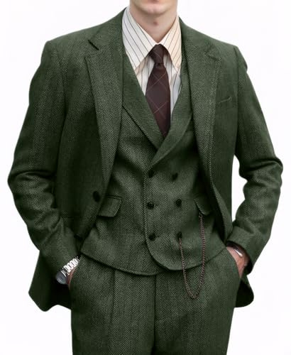 Herrenanzug aus Tweed, Fischgrätenmuster, 3-teilig, formelle 2-Knopf-Wolljacke, Kleid, Weste, Hose, Herren, Hochzeit, Abschlussball, Smoking, Grün, XL