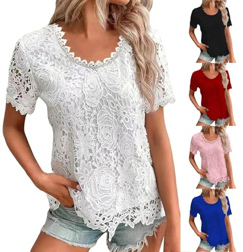 Cocila Top Décolleté T-Shirts D'Été pour Femmes, Col du Cou, Au Crochet, Dentelle, Décontractés, Manches Courtes, Élégants, Le Travail Sexe Homme Chemisier Femme Chic Et Élégant Blouse Ete