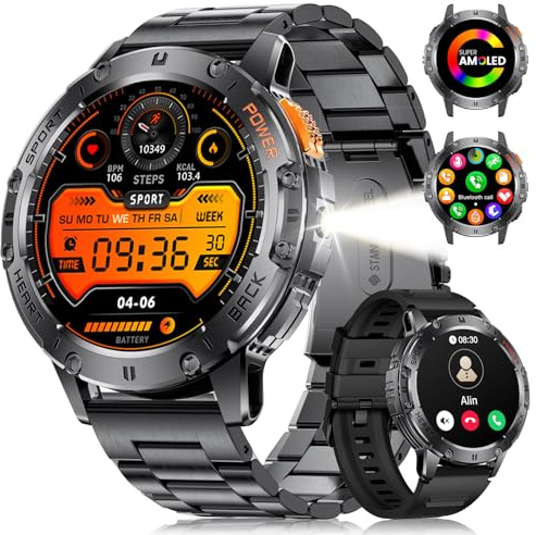 LIGE Montre Connectée Homme (2 Bracelets) - Appel Bluetooth/LED Lampe, Écran AMOLED 1,43, Étanché IP68, 100+ Modes Sportifs, D'extérieur Montre Connectée pour iOS et Android, Acier Noir