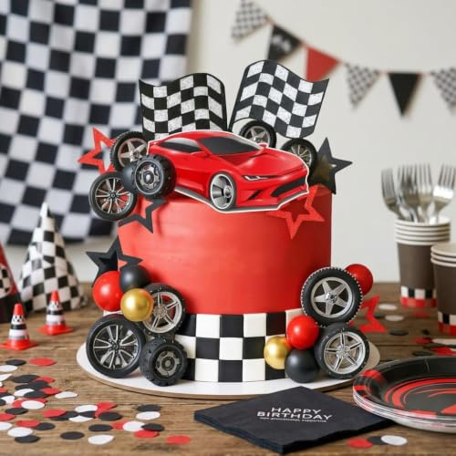 LaVenty Race Car Cake Decorations Car Cake Topper | Checkered Flag Cake Topper Growing Up Two Fast Birthday Decor Fast One Fast Three Need Four Speed Birthday Decorations