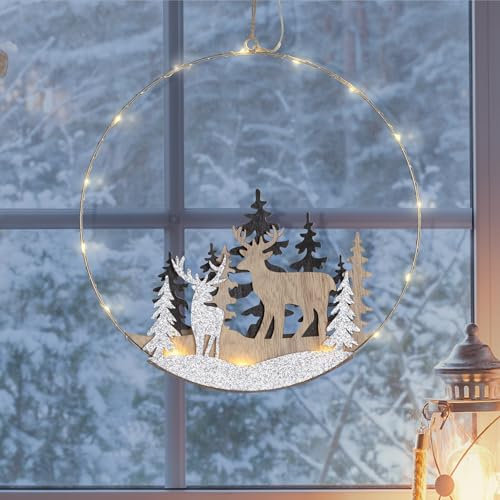 mucHome LED Dekoring Rentiere Ø 30cm Aufhänger Weihnachtsbeleuchtung Ring - mit 20 warmweiße LED-Leuchten - Weihnachten Winter Deko Hänge Metall Ring mit Holzfiguren