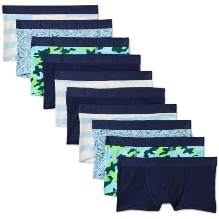 Amazon Essentials Calzoncillo Bóxer de Punto de Algodón Niños, Pack de 10, Camuflaje, Dinosaurio, Rayas, 9-10 años