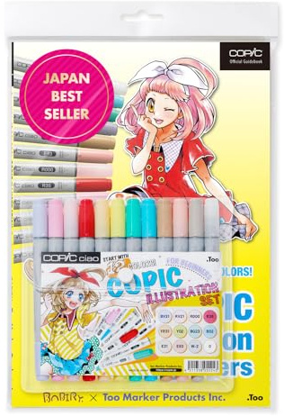 COPIC Ciao Set Illustration for Beginners, 12er Set mit 63-seitigem Guide, Twin Marker mit einer mittelbreiten und einer Brush-Spitze