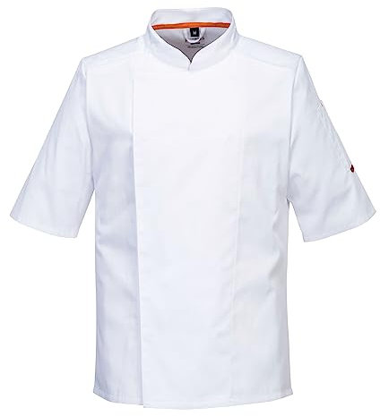 Portwest C738 Men's Mesh Air Pro Chef Jacket Short Sleeve Breathable Durable Slim Fit Texpel Finish Workwear Apron with Sleeve Pocket Machine Washable, White, XXL