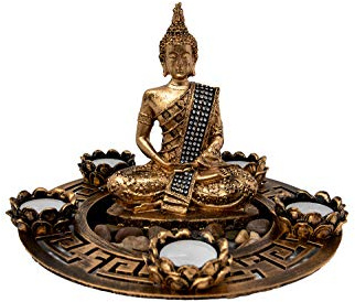 Buddha Teelicht Set Figur Kerzenhalter Schale Tischdeko Wohnzimmer Spirituelle Zen Deko Teelichthalter Golden 27x27x20 cm