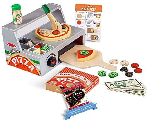 Melissa & Doug Wooden Pizza Set: 34-Piece Play Food Making Set with Counter, Paddle, Rolling Cutter, Delivery Box, Prep Instructions, Reusable Menu, Play Money & Scratch Fun Mini-Pad (Ages 3+)