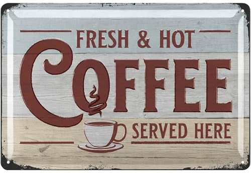 LANOLU Blechschild Kaffee retro - COFFEE Schild SERVED HERE - Küchen Deko vintage Geschenk für die Coffee Bar - Dekoration Küche und retro Diner Deko in Holz Optik - Metallschild, 20x30 cm