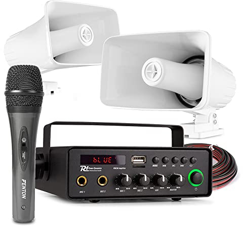Power Dynamics 12V PA Horn Speaker System with Battery Powered Amplifier, Weatherproof Horn Speakers, Handheld Microphone, Bluetooth, USB/SD MP3 Playback for Vehicles and Outdoor Announcements