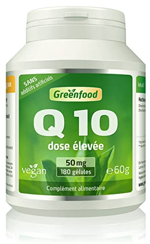 Greenfood Coenzyme Q10, 50 mg, dose élevée, 180 gélules, vegan. Sans additifs artificiels, Sans génie génétique.