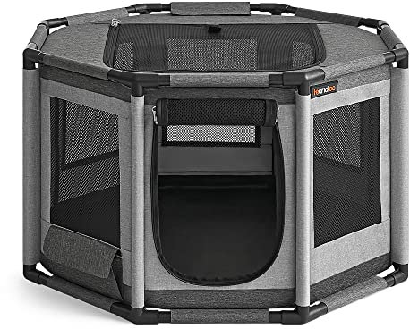 Feandrea Welpenauslauf Oxford-Gewebe, Welpenlaufstall achteckig, Hundekäfig M, 72 x 72 x 43 cm, Rahmen aus PVC-Rohren, atmungsaktives Netz, mit Seitentasche, Taubengrau-schiefergrau PDC002G01