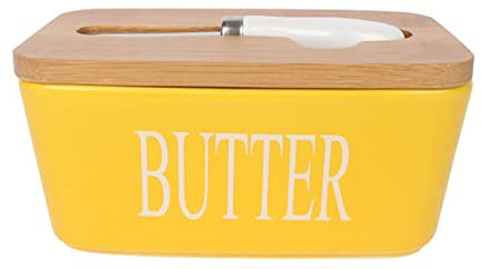 Mantequera con Tapa, Mantequilla de Cerámica con Cuchillo, Mantequillera hermética para mostrador, para la frescura de nevera de casa (Color : Amarillo)