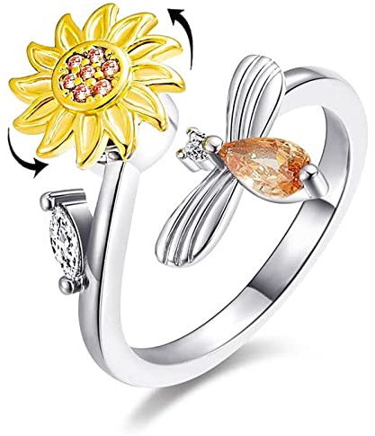 Blommor Fidgets spinnare ringar för kvinnor roterbar kubisk zirkonia justerbara öppna ringar lindrar ångest stress tristess lugnande bekymmer meditationsringar, spinner fidget ring (solros)