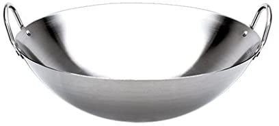 OQHAIR Wok Extra Grueso de Acero Inoxidable con Doble Oreja, Doble Cara, Mate, 34 70 cm, Fondo Redondo Grueso, no magnético, Olla sin Humo, Adecuada para comedores, restaurantes, Tiendas
