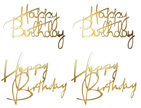 FralnFit 4Pcs Happy Birthday Cake Topper, Acrylic Gold Cake Topper, Shiny Cupcake Topper, Glitter Cake Decorations Supplies for Kids Adult Various Birthday Wedding Party