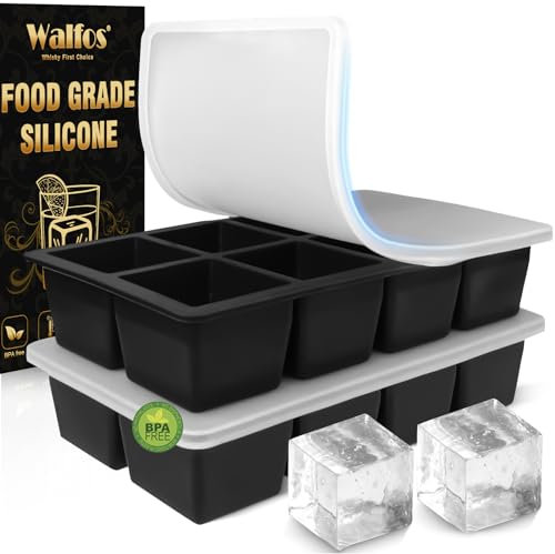 Walfos Large Silicone Ice Cube Molds, 2pcs 8 Cubes Silicone Ice Cube Tray,BPA-Free, Easy to Pop Out, Prefect for for Whiskey, Cocktails, Baby Food（Black）