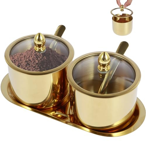 Ensemble de sucriers en acier inoxydable avec couvercle en verre, cuillère et plateau antirouille - Pots à épices ronds - Pots à condiments - Pot à épices de cuisine pour sel et bonbons (doré)