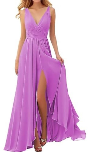 SAYNO Brautjungfernkleider, V-Ausschnitt mit Schlitz, Chiffon, formelles Kleid, Ballkleid, Abendkleid, Flieder, 48